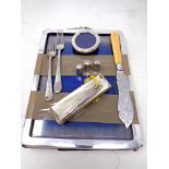 A rectangular silver photograph frame together with 2 silver forks,