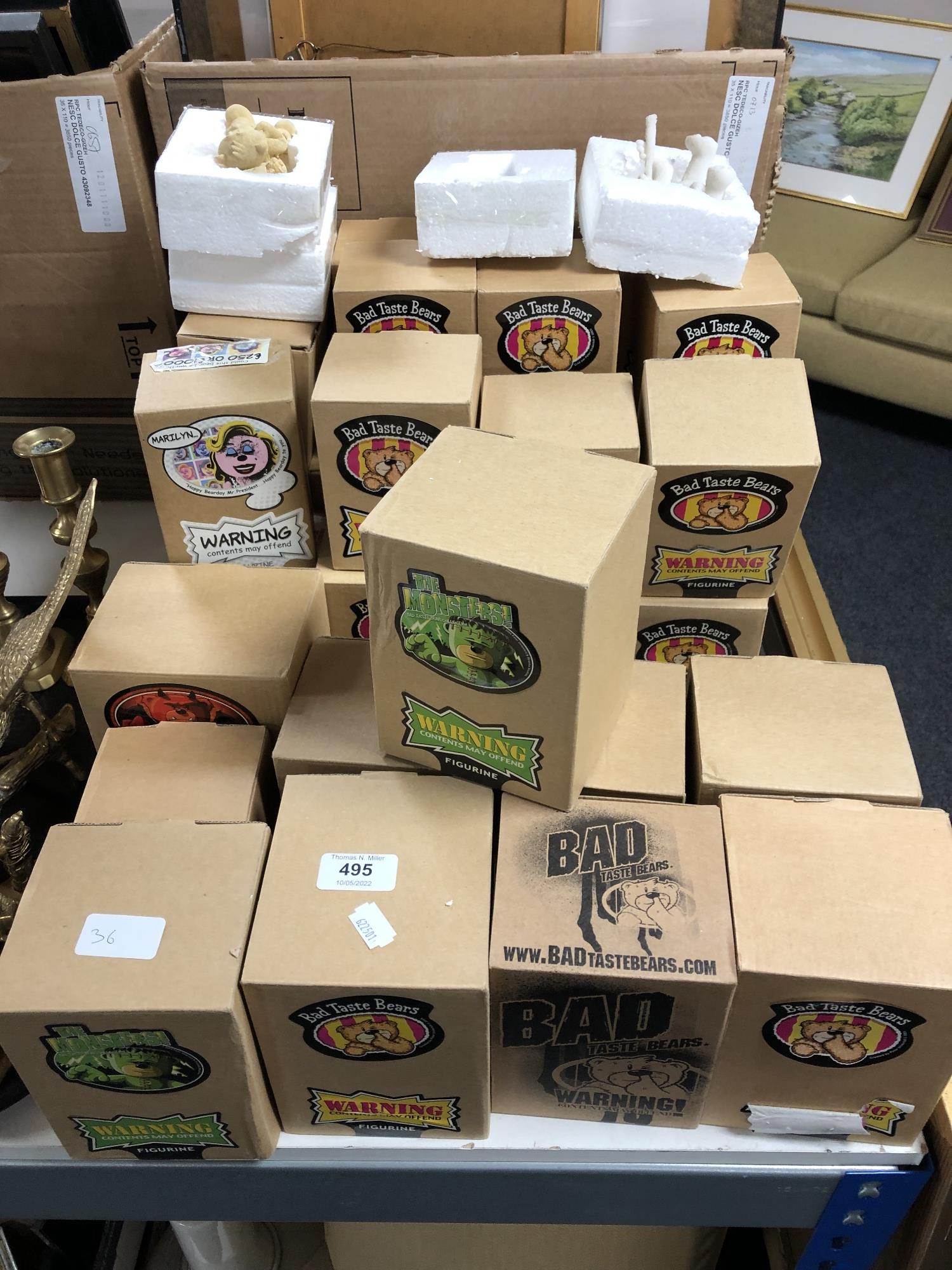 A large collection of Bad Taste Bear figures in boxes.