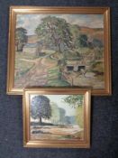 An oil on board depicting trees by a bridge, together with a further oil on board signed K Johsnon.