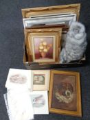 A box of contemporary framed mirror, gilt framed oils on canvas,