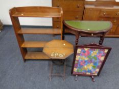 A set of 20th century open bookshelves together with a folding occasional table with hand painted