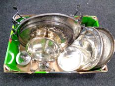 A quantity of silver plated items including food warmer on stand, galleried tray,