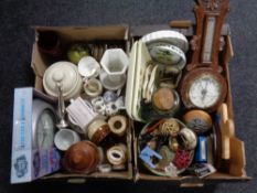 Two boxes of china and ceramics, plated dishes on stand, carved oak Edwardian barometer (af),