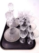 A tray of crystal and glass including decanters and wine glasses