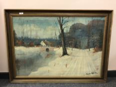 Continental school : winter landscape with bridge beyond, oil on canvas,