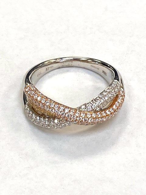 An 18ct rose, yellow and white gold pave set diamond cross over style ring, approximately 0.91ct.