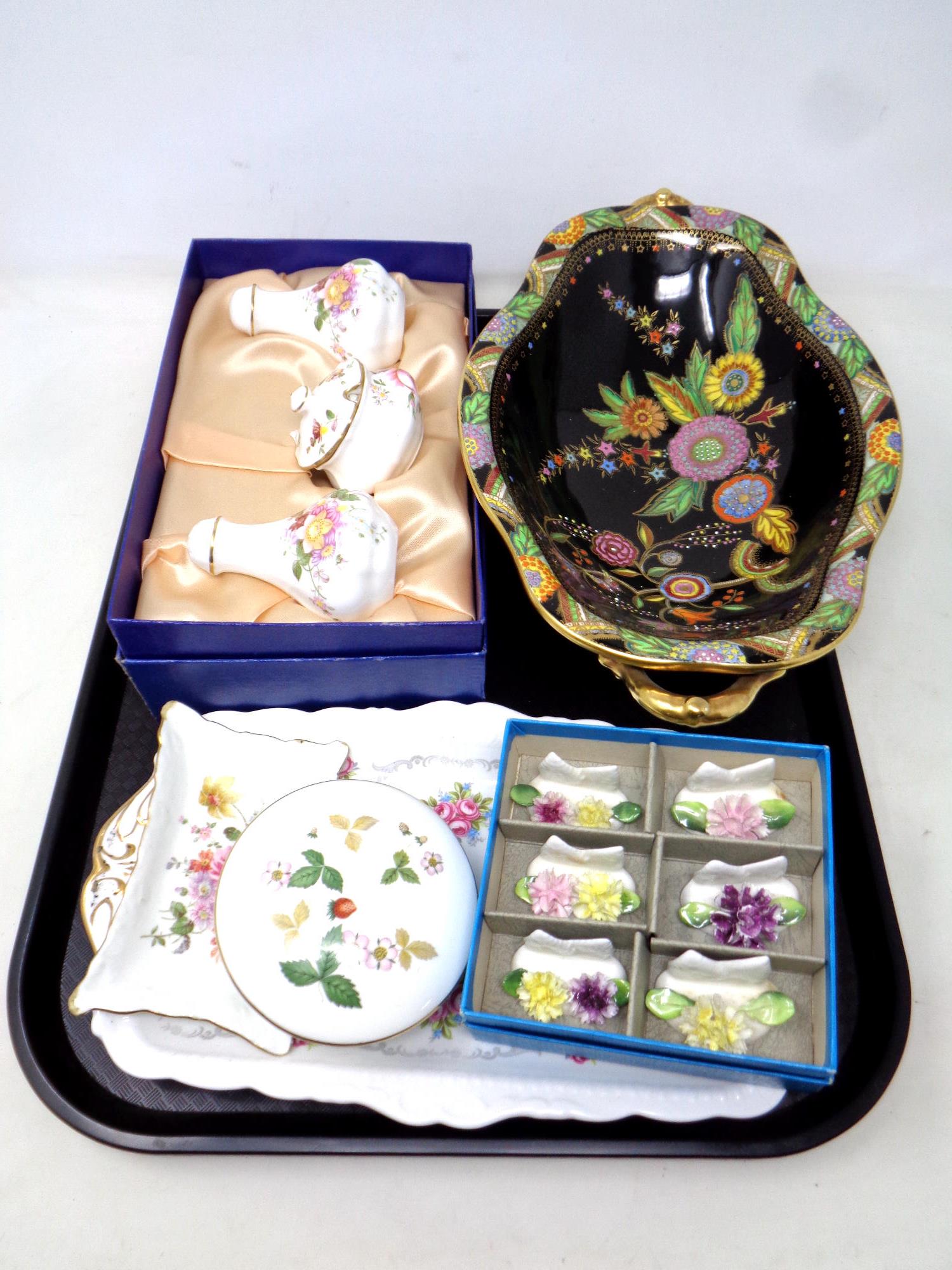 A tray of Carlton ware twin handled comport together with Wedgwood trinket pot,