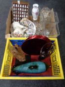 Two boxes of glass, ornaments,