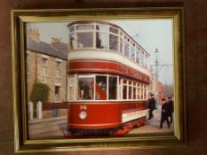 Eight photographs all depicting local trams, various sizes, all framed.