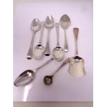 A small collection of silver cutlery including teaspoons, scoop mustard spoon, 108g.