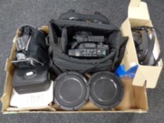 A box of video camera, speakers, watch box,