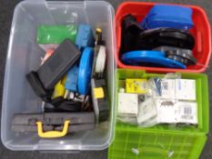 Three crates of plastic socket covers, cased tool kits, hardware, hand tools, drill bits,