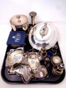 A silver plated breakfast dish and cover together with silver plated serving bowls,