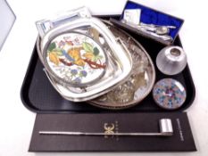 A tray of silver plated galleried tray, paperweight by Strathearn,