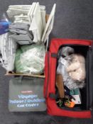 A holdall and box of laundry baskets, curtains, drawer tidy boxes,