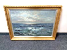 W Berk : Waves at sunset, oil on canvas, 90 cm x 60 cm, framed.