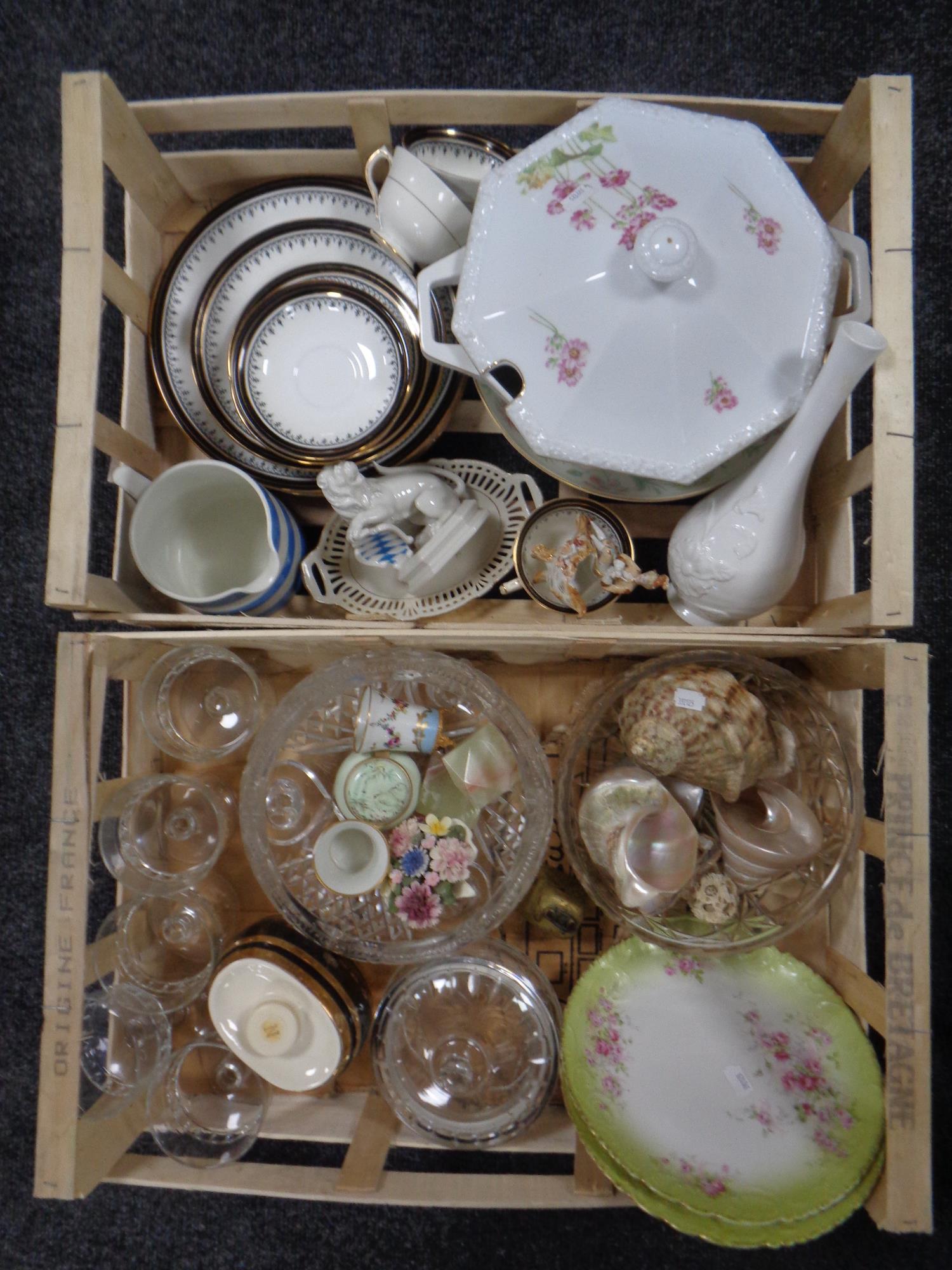 Two boxes of ceramics and glass ware, Aynsley mid night china, TG green jug, tureen,