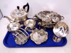 A tray of silver plated items, teapot,