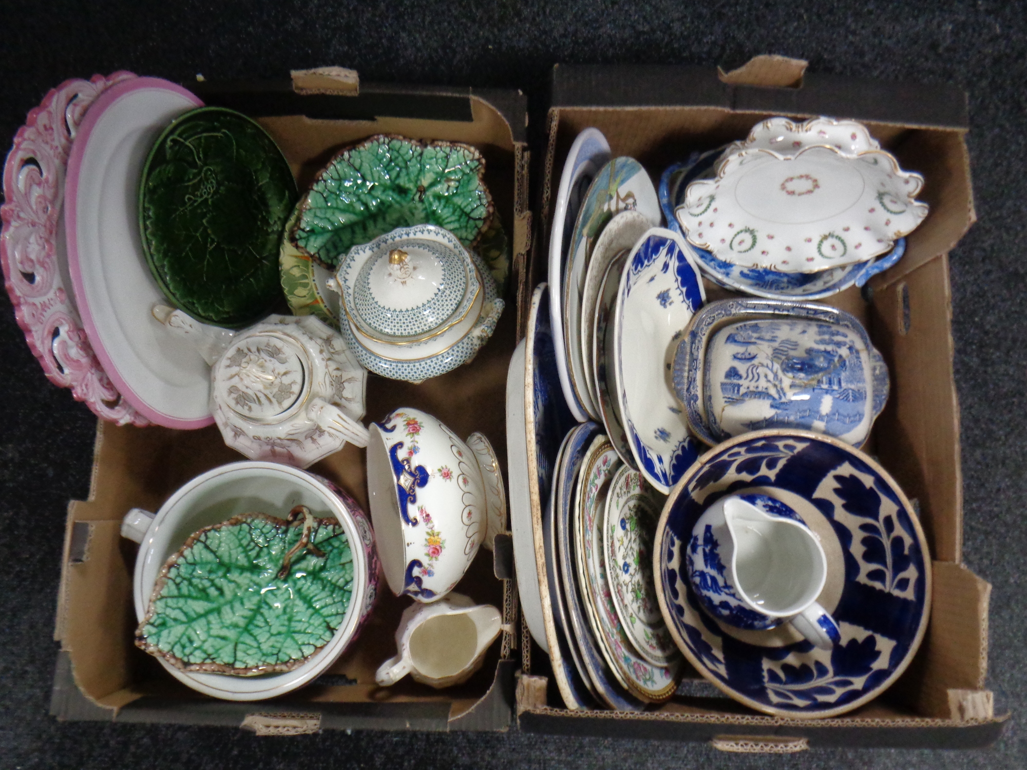 Two boxes of 19th century and later ceramics to include blue and white willow pattern meat plate,