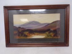 Twentieth century school : Moorland, watercolour, 37 cm x 20 cm, indistinctly signed, framed.