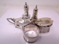 A silver napkin ring together with 2 silver mustard pots and 2 silver pepperettes (5)