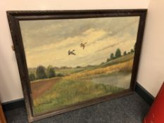 Continental school : ducks in flight, oil on board,