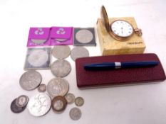 An antique Waltham gold plated pocket watch together with commemorative crowns, Schaefer pen etc.