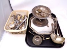 A tray of silver plated items, cutlery, ladle,