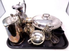 A tray of silver plated items, hot water jug, breakfast dish with cover,