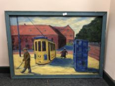 Continental school : figures by a tram, oil on canvas,