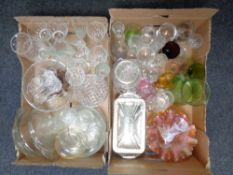 Two boxes of assorted glass ware, carnival glass bowls,