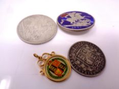 An enamel silver crown together with further coins, pendant, etc.