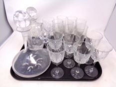 A tray of crystal and glass including decanters and wine glasses