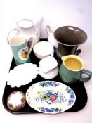 A tray of ceramics, Limoges lidded dish, Masons dish, Denby jug, Wedgwood vase,