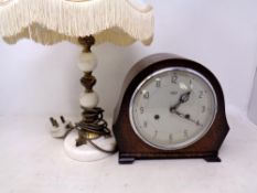A 20th century oak cased Smiths Enfield 8 day mantel clock with silvered dial together with a white
