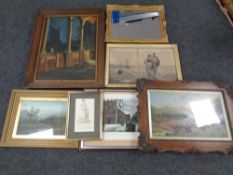 Six antique and later framed pictures, chalk study of St.