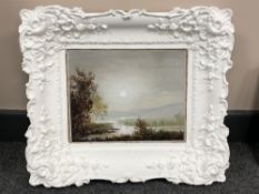 20th century school : sunset over a lake, oil on board. 25 cm x 20 cm in an ornate white frame.