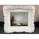 20th century school : sunset over a lake, oil on board. 25 cm x 20 cm in an ornate white frame.