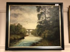 B M Thompson : River Study with Arched Bridge, oil on canvas, 45 cm x 54 cm, framed.