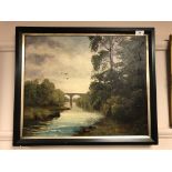 B M Thompson : River Study with Arched Bridge, oil on canvas, 45 cm x 54 cm, framed.