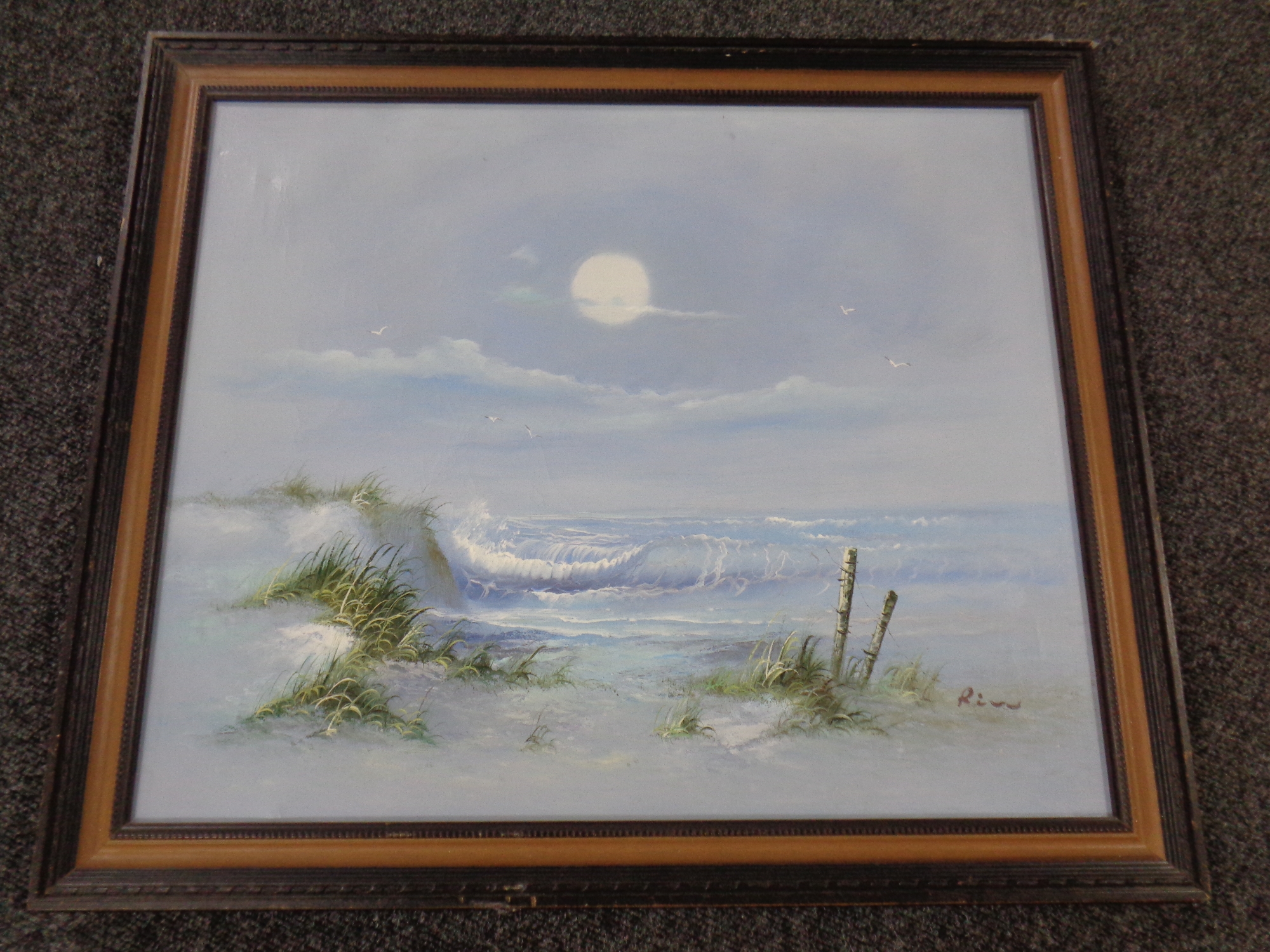 A cased laser level together with a further cased bbq set and oil on canvas - Coastal scene. - Image 2 of 2