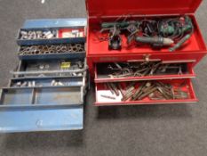 A Stack-on mechanics tool chest containing tap and die pieces, assorted spanners,