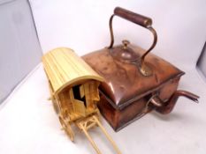 A Victorian brass square kettle together with a hand built matchstick model of a Romani caravan