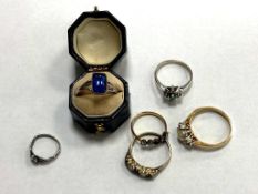 Six antique and later dress rings including Sterling silver, cabochon blue stone etc.