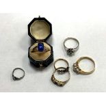Six antique and later dress rings including Sterling silver, cabochon blue stone etc.