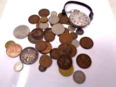 A decorative silver plated pocket watch in pouch together with a quantity of coinage to include