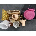 A box containing assorted brass table lamps, lamp shades, wicker basket containing knitting needles,