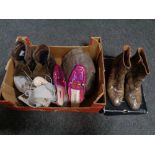 A box containing lady's and gents boots and shoes to include a pair of Altbergs walking boots size