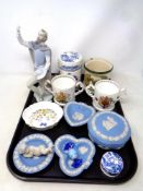 A tray containing assorted ceramics to include Lladro figure (a/f) Aynsley twin handled china mugs,