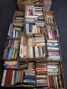 Eleven boxes containing hardbacked and softbacked books, Penguin novels, Folio books,